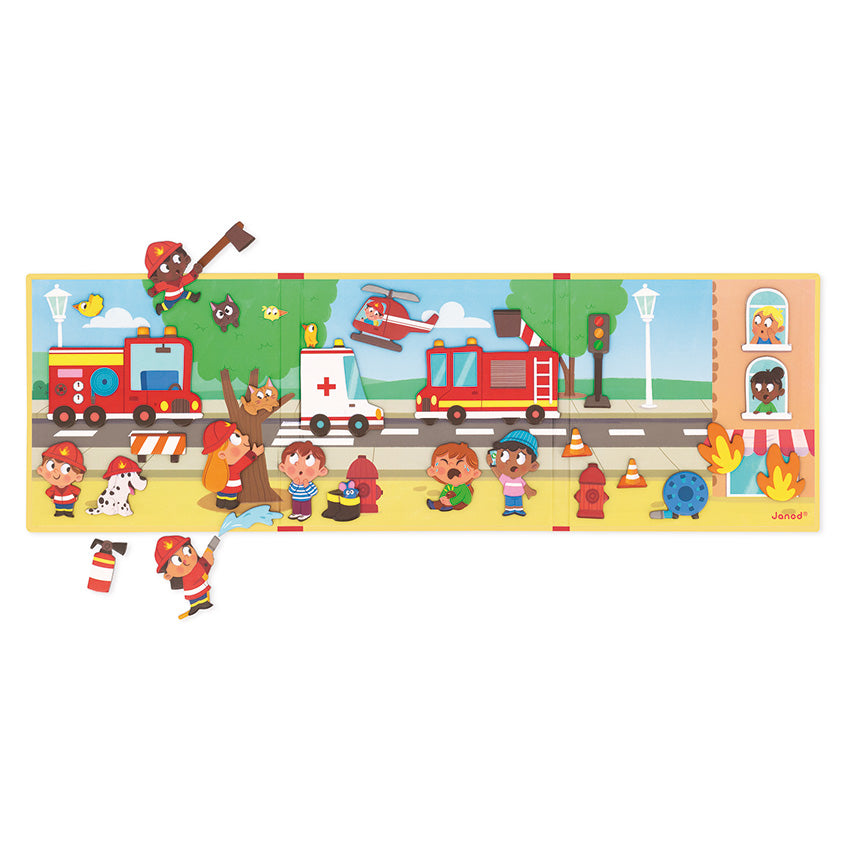 Children's magnetic picture puzzle with cartoon characters and vehicles on a white background