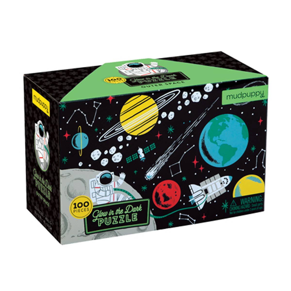 A 100-piece Mudpuppy Glow Puzzle box featuring a space theme with planets, stars, and a spacecraft. The box is predominantly black with green accents and illustrations, and indicates that it is made with 90% recycled puzzle greyboard and non-toxic inks.