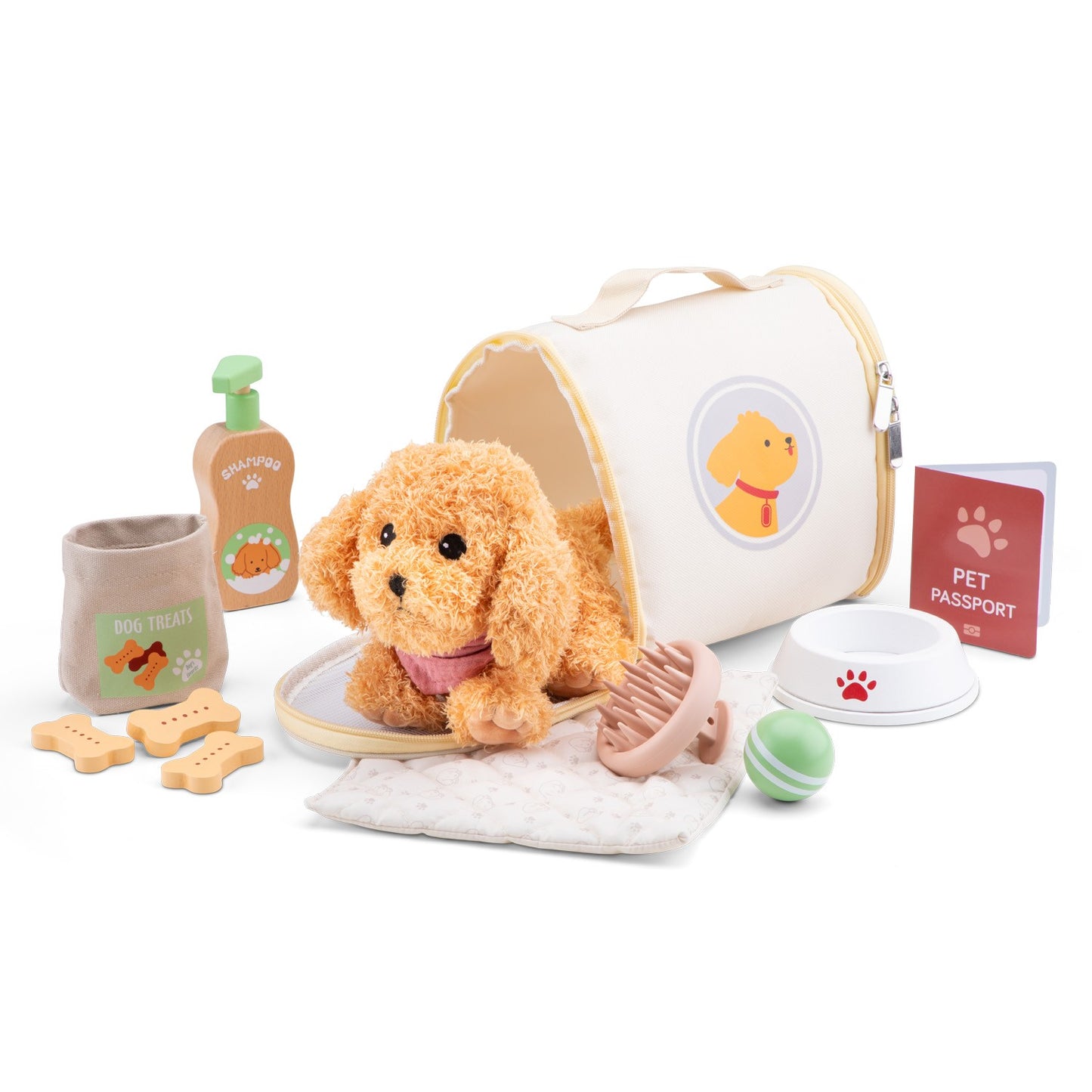 A toy puppy with accessories including a carrier, grooming brush, shampoo bottle, treats, feeding bowl, and play ball.