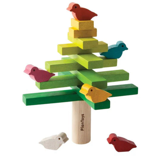 Colorful wooden block tower with birds on a white background, featuring the brand 'Plantoys'.