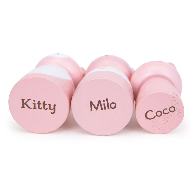 Three pink wooden figures with names 'Kitty', 'Milo', and 'Coco' on a white background