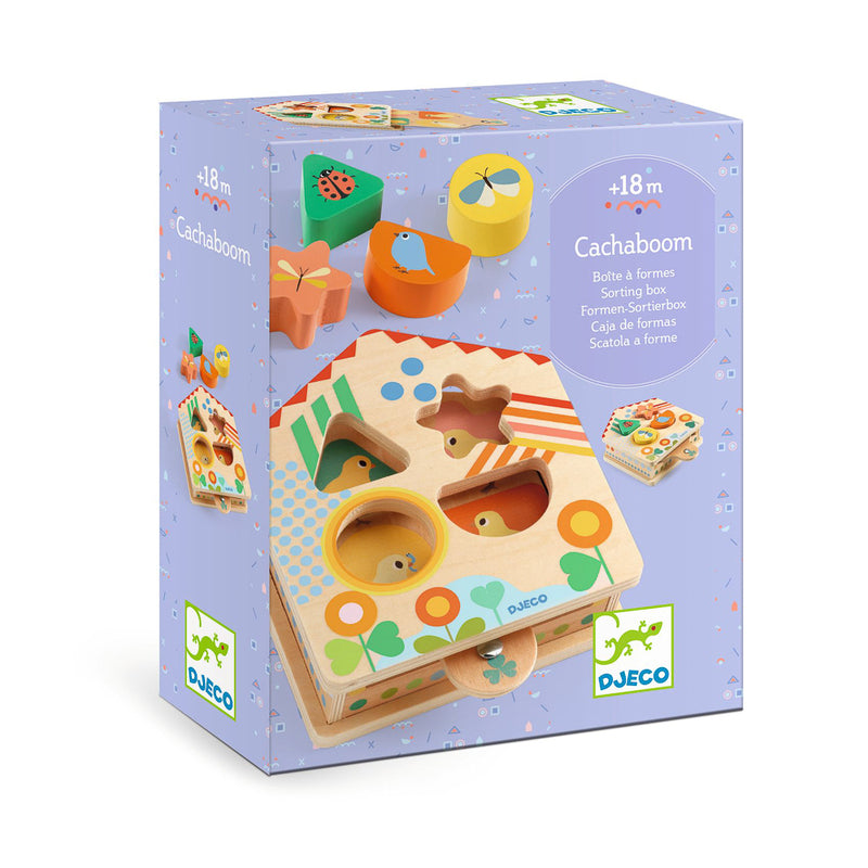 Cachaboom wooden shape sorting toy in retail box illustrated