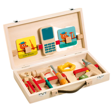 Children's wooden tool kit with various colorful tools and cards, neatly arranged in an open wooden case.