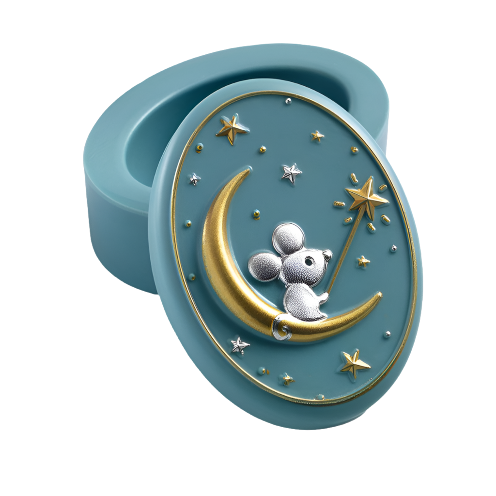A teal-colored, oval-shaped resin tooth box with a 3D illustration of a mouse sitting on the moon and stars around it.