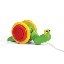 A colorful wooden pull-along snail toy with red, yellow, and green parts, with a string attached to its tail for pulling.