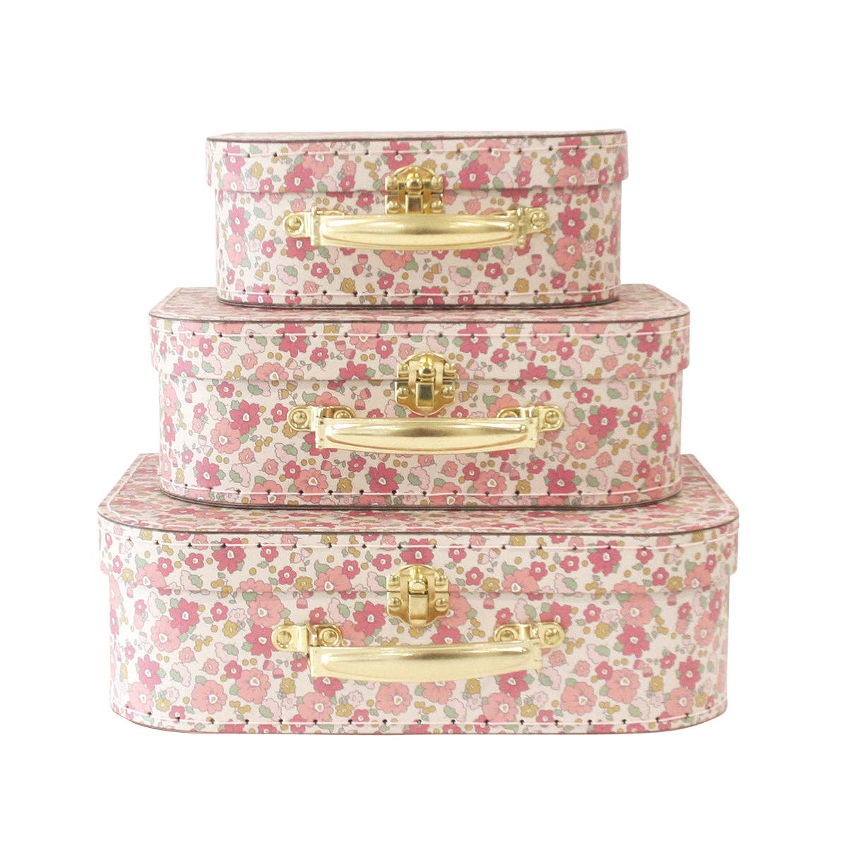 A set of three pink floral kids carry cases with gold handles, stacked together.