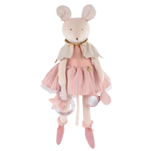 A plush toy resembling a mouse dressed in a pink outfit with a white collar, featuring embroidered details and a gold ribbon around the neck.