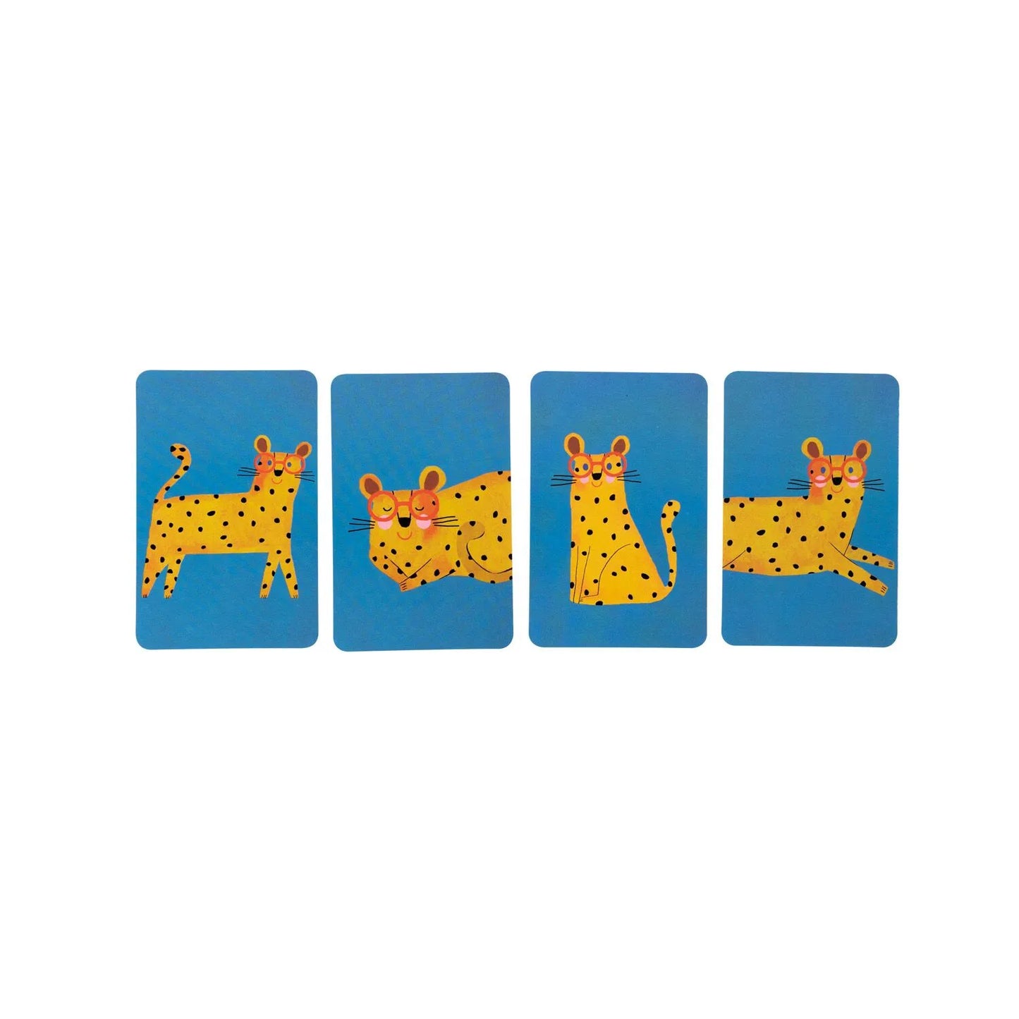 Blue cards with quirky yellow and black spot leopard illustrations