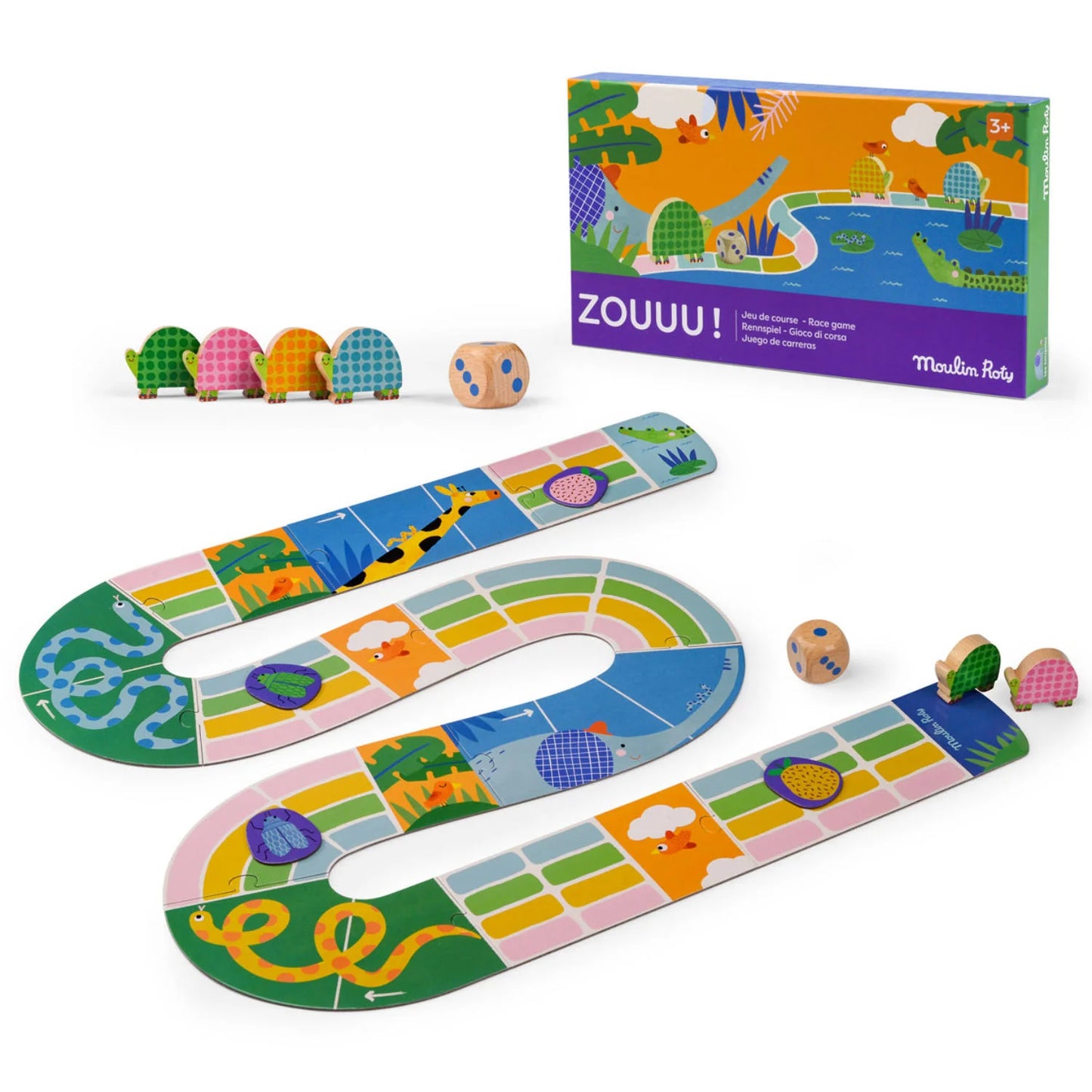The image shows a colorful race game set called 'Les Toupitis' with a board, game pieces, and a packaging box featuring the Moulin Roty brand.