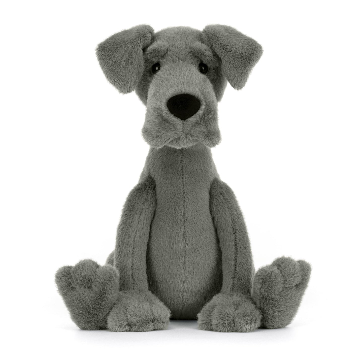 A blue-grey plush toy resembling a Great Dane with a large black nose and soft ears, made by Jellycat.