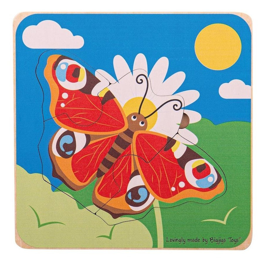 A colorful wooden layer puzzle depicting the life cycle of a butterfly, with six pieces that reveal different stages of the cycle when assembled.