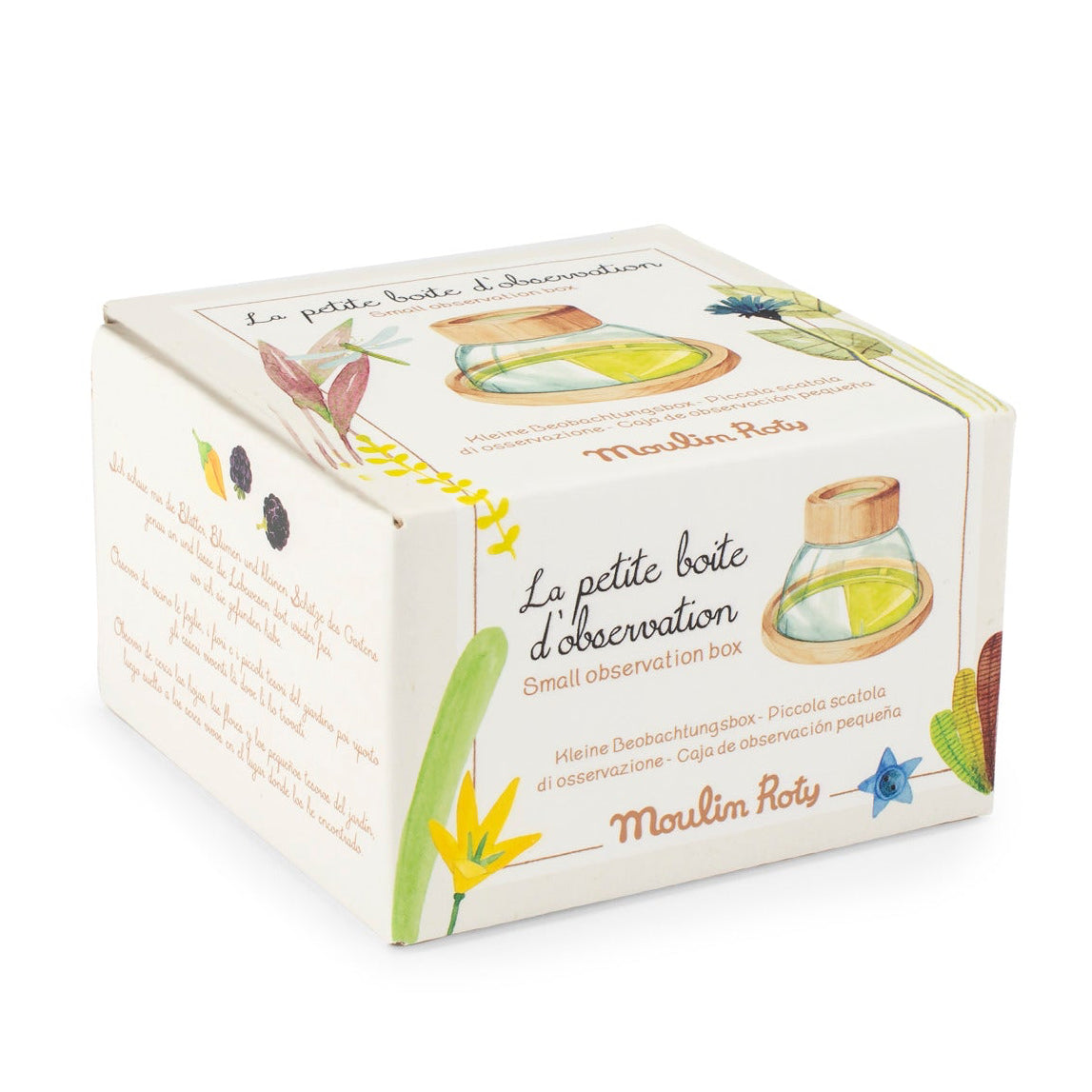 Illustrated retail box for the Moulin Roty insect observation box , on a white background