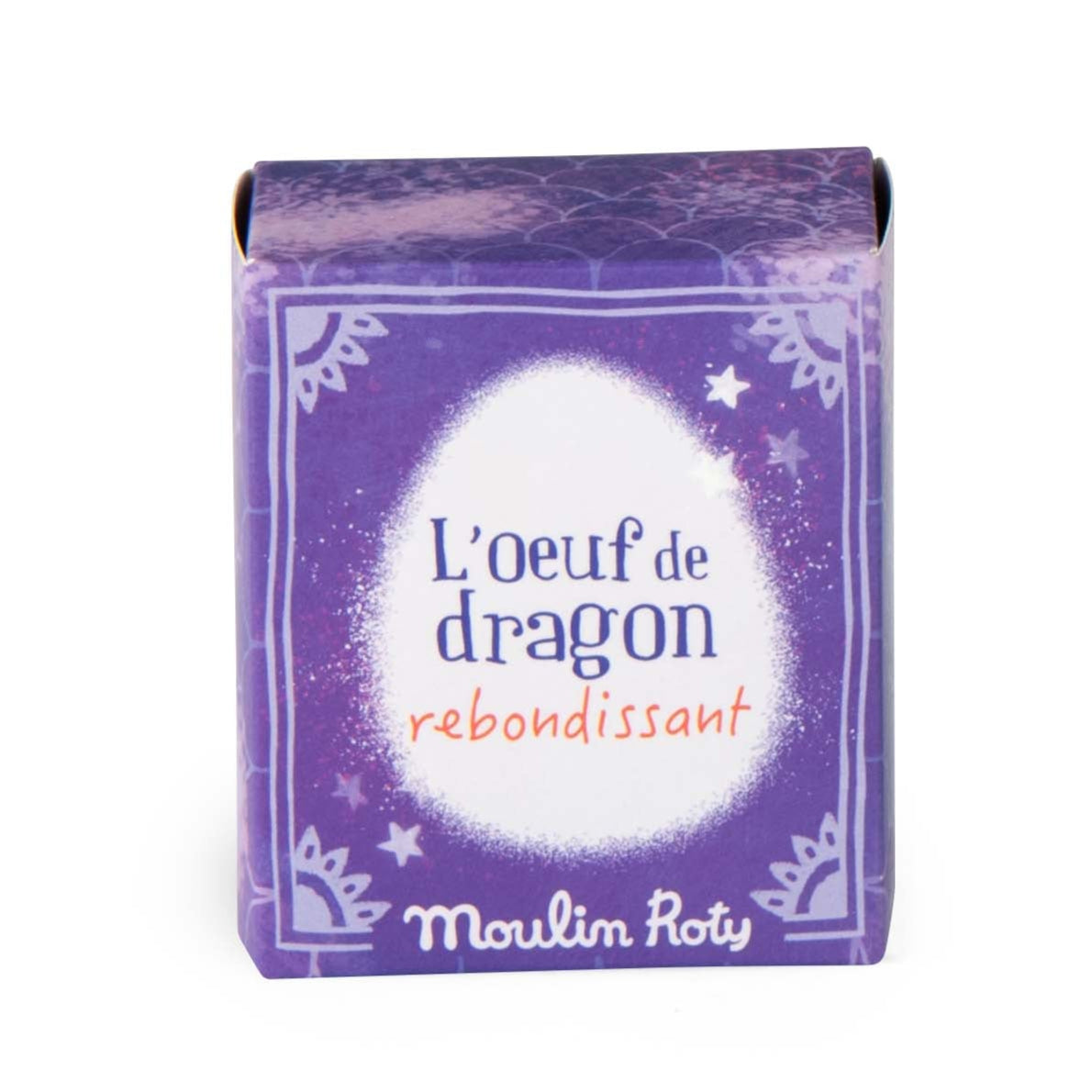 Purple packaging of 'L'oeuf de dragon rebondissant' by Moulin Roty on a white background