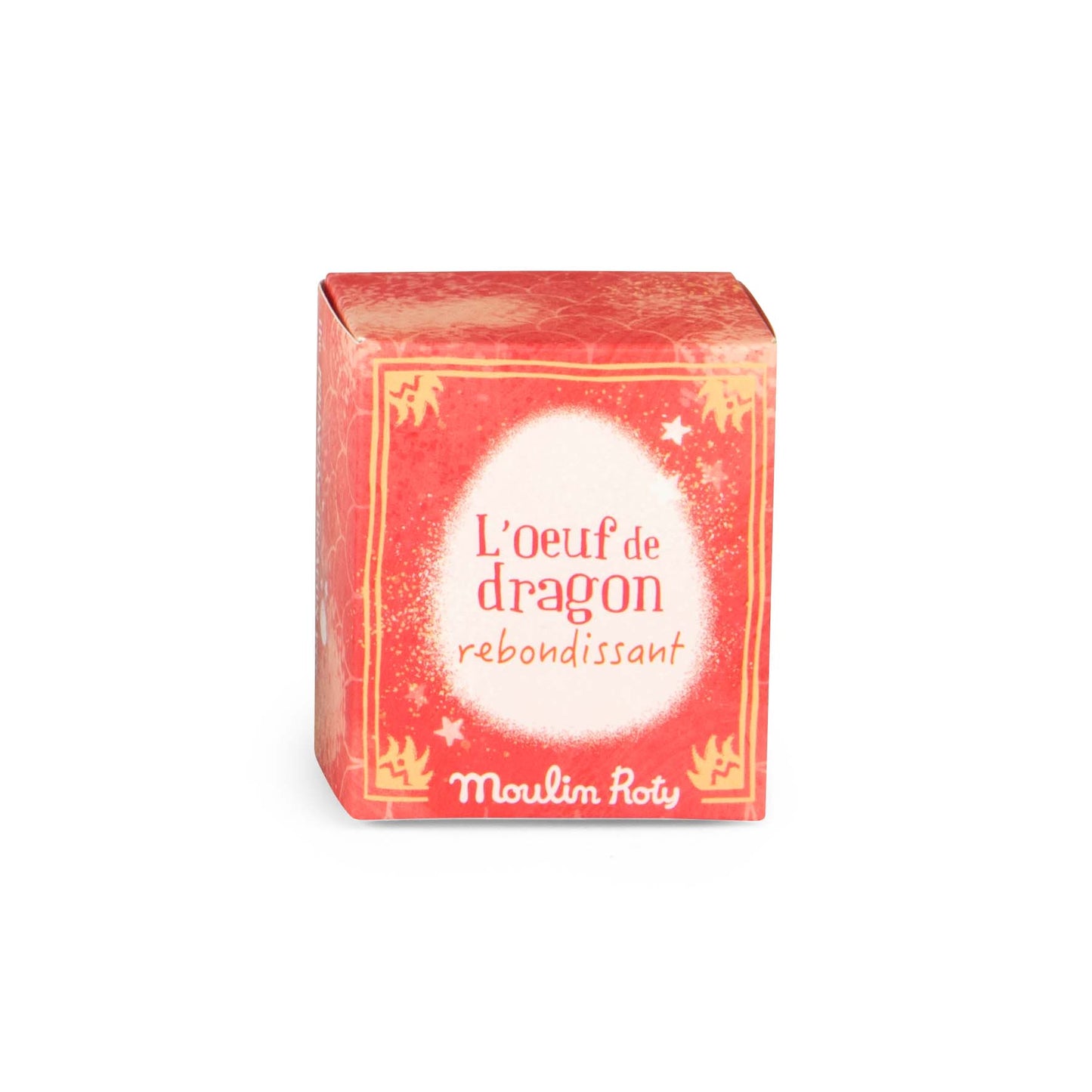 Red box with white egg illustration and text on a white background