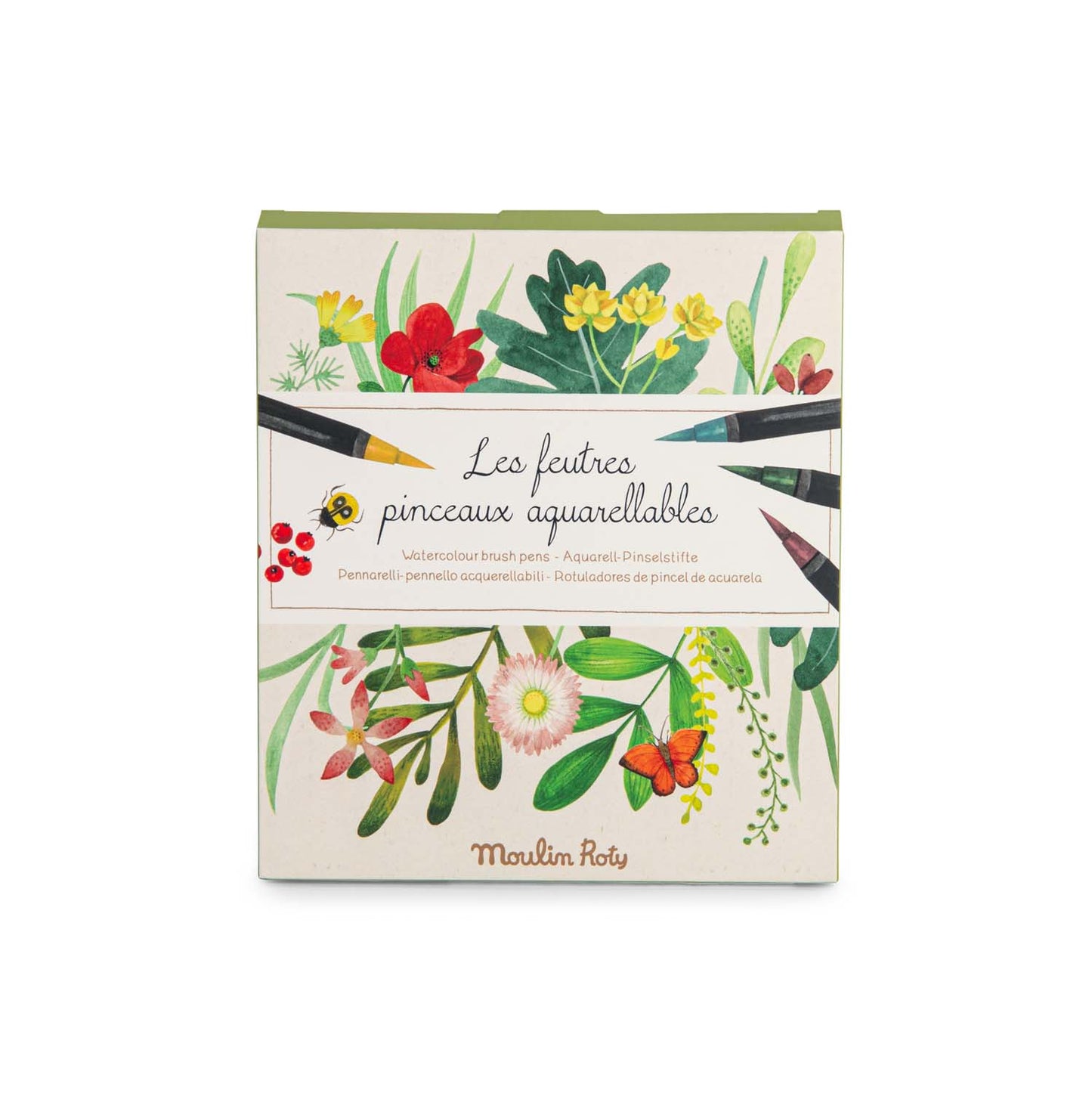 Cardboard packet illustrated with flowers, leaves and insects on a white background.