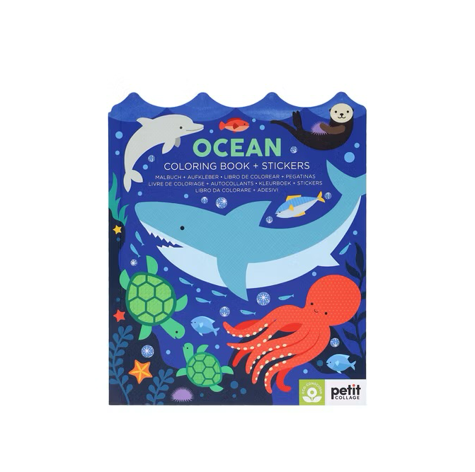 A coloring book titled 'Ocean Coloring Book + Stickers' featuring vibrant illustrations of marine life including a shark, turtle, and octopus, and accompanied by various sea-themed stickers.
