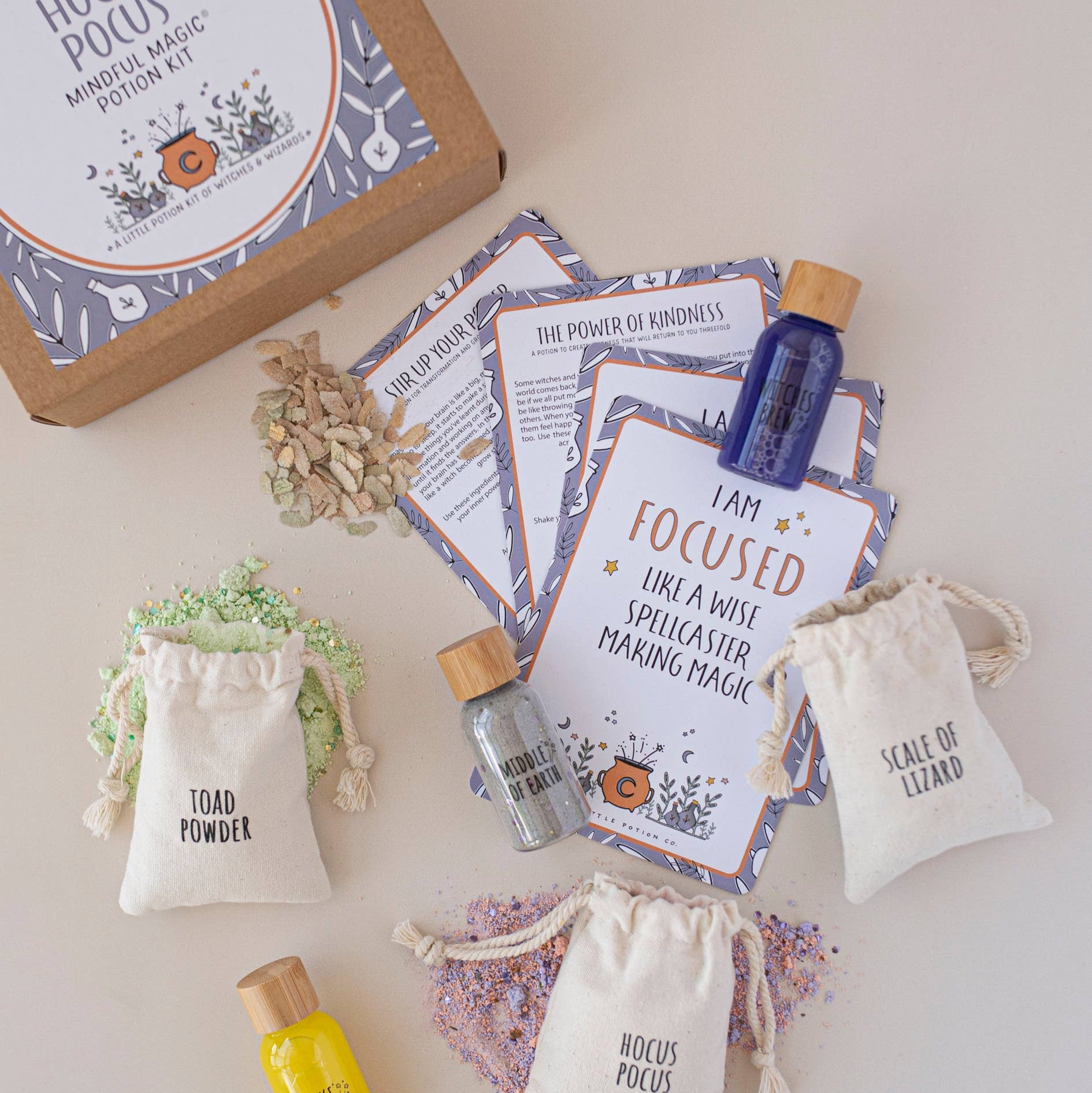 Hocus Pocus mini witch potion kit with various items on a light background