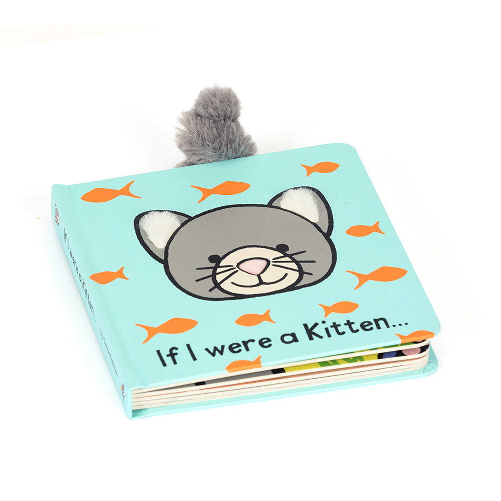 Board book with a grey cat face and orange fish on a light blue background, titled 'If I Were a Kitten...'