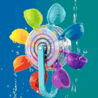A colorful toy resembling a flower with a spinning wheel in the center and petals in various colors, designed for water play.