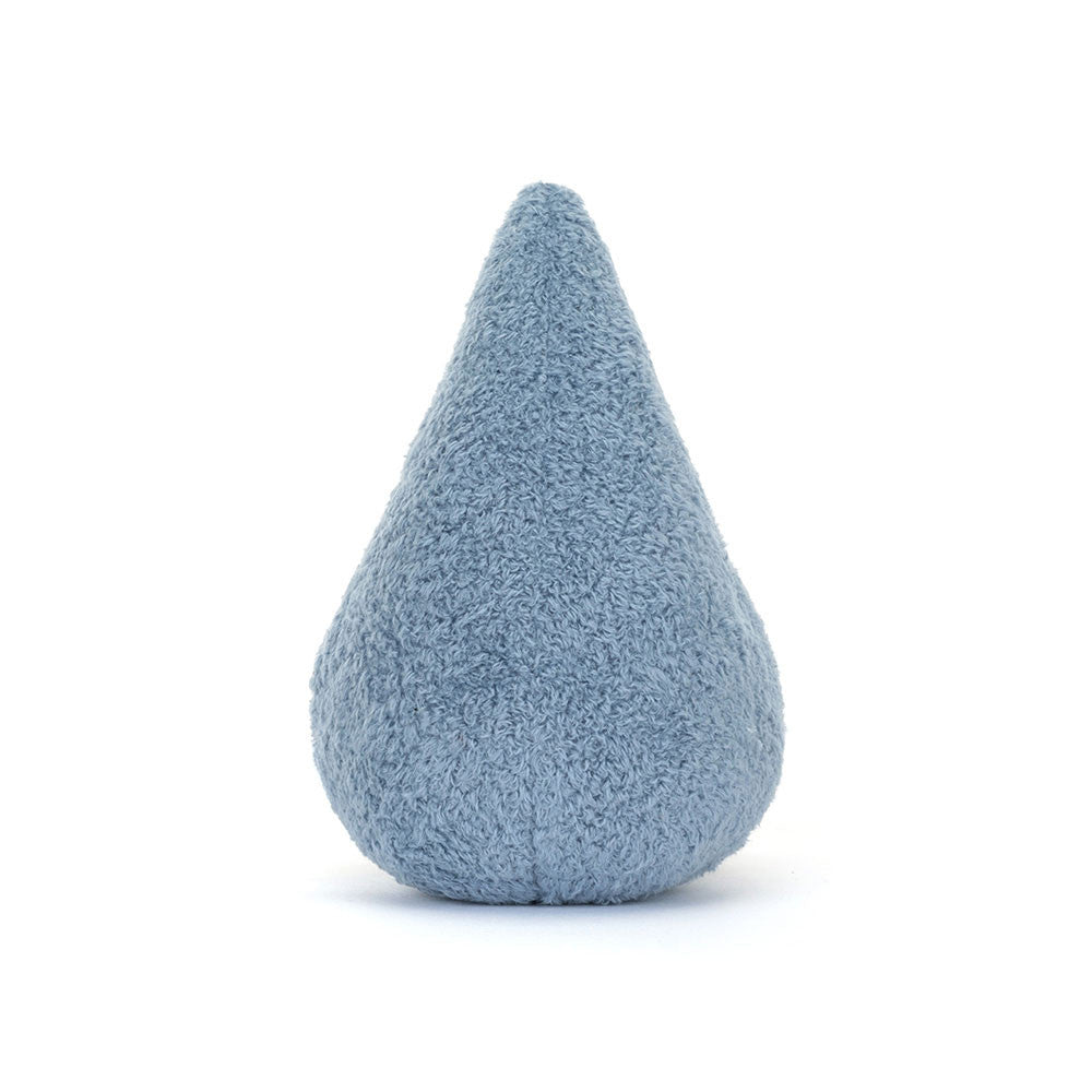 Blue soft toy representing a raindrop on a white background