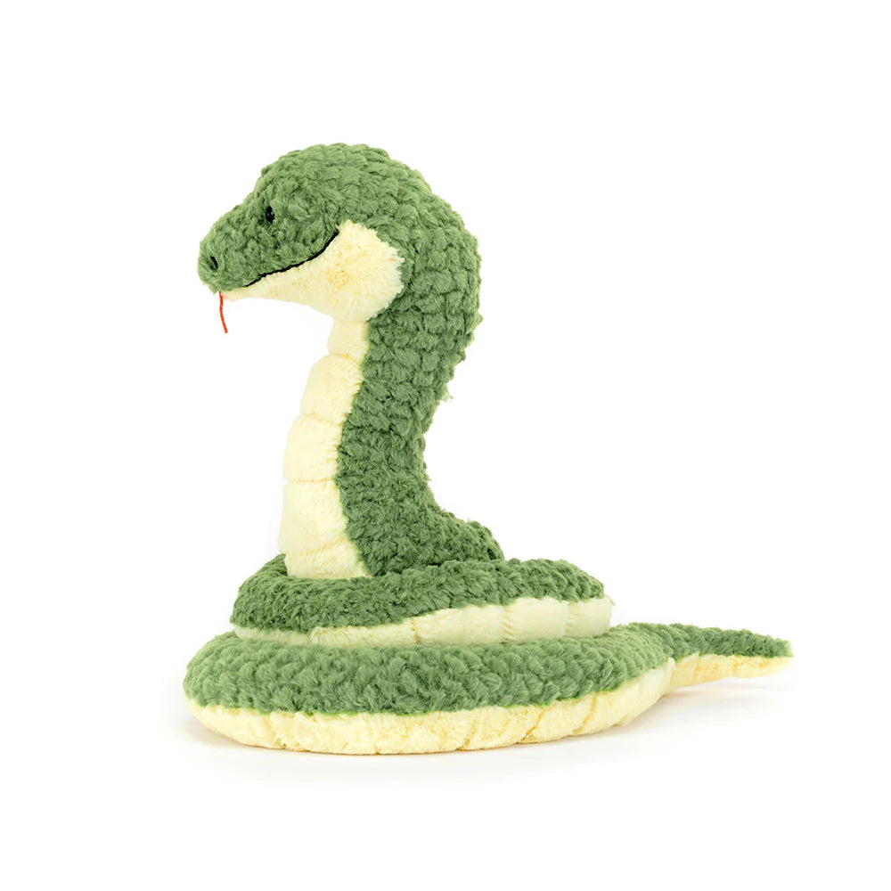 A plush toy resembling a snake with forest green and pale-yellow fur, soft textured scales, and a smiling face.