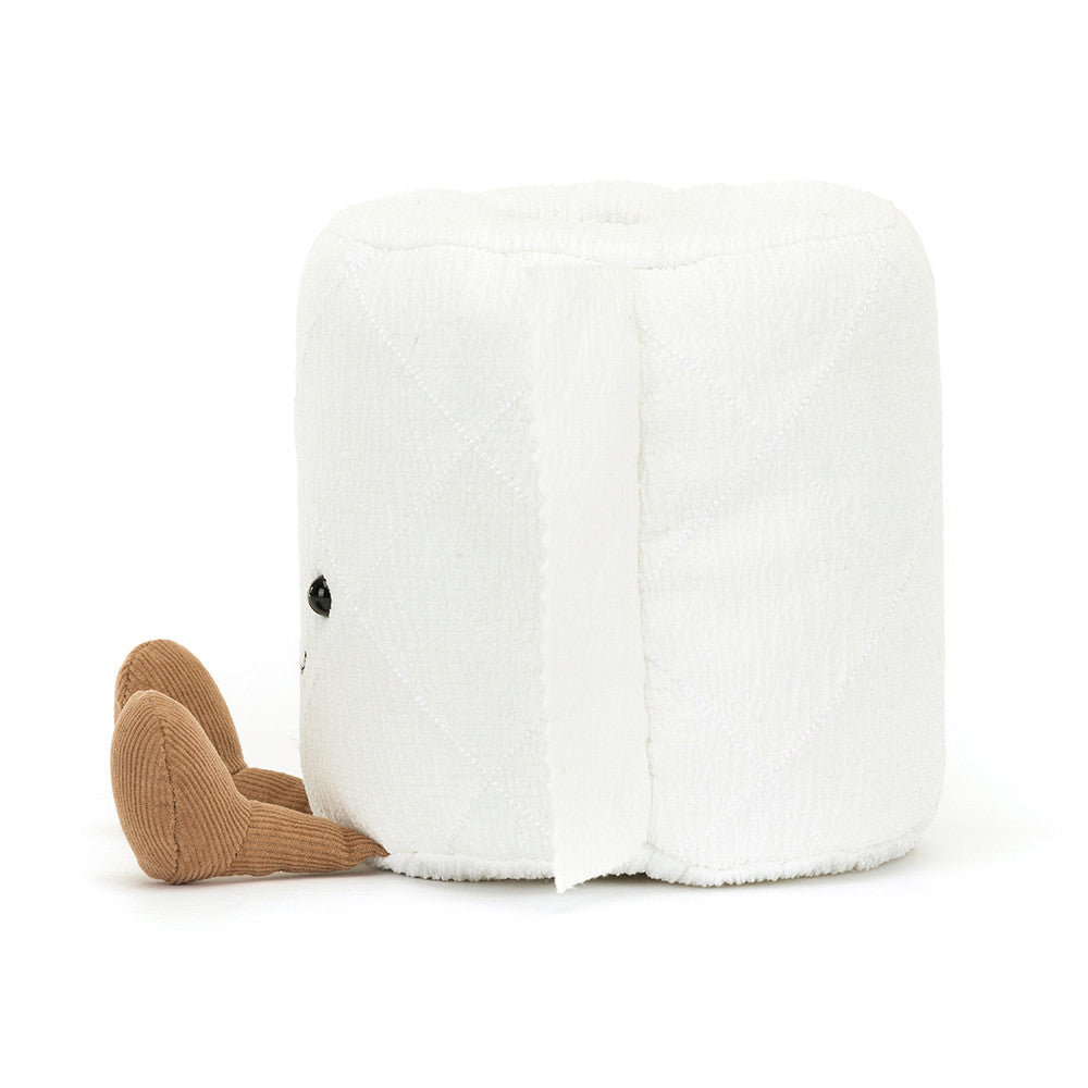 A plush toilet roll with a smiling face, corduroy feet, and a suede tube body.