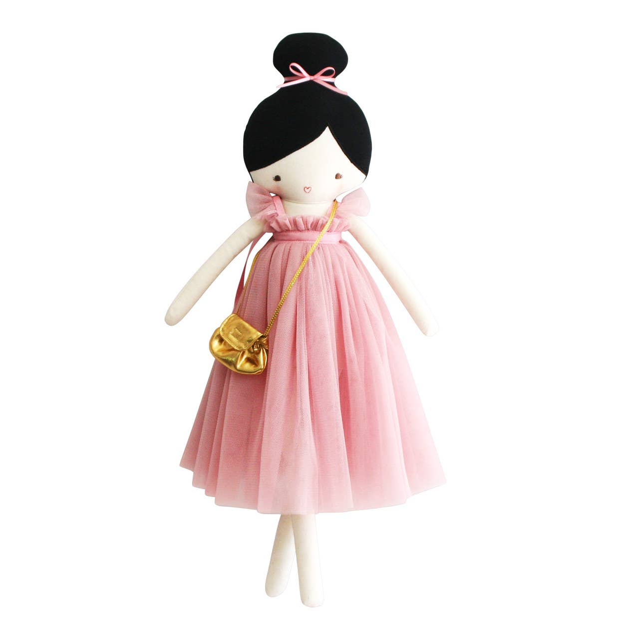 Doll with pink dress and gold handbag on a white background