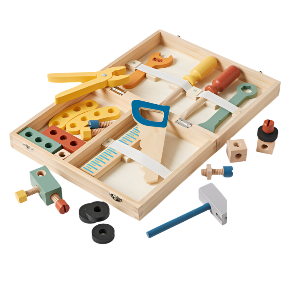 A wooden toy tool set displayed on a table with various pieces including pretend screwdrivers, hammer, and blocks.