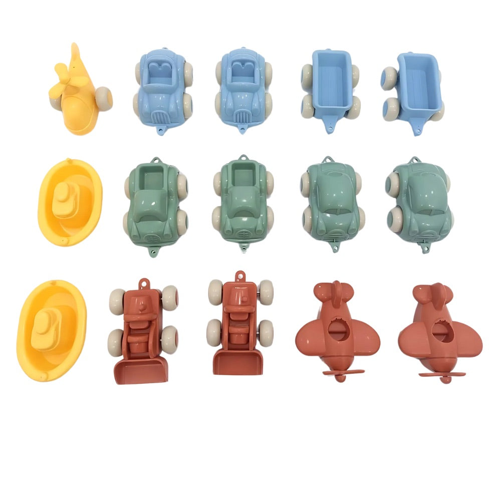 A set of multicolored toy vehicles including cars, trucks, and boats, along with a storage bucket, made from recycled plastic.