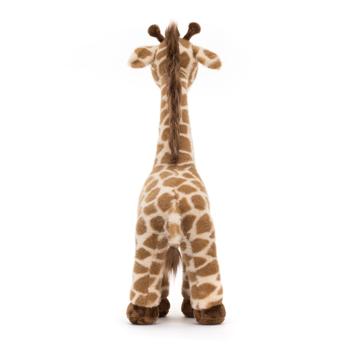 A plush toy giraffe with a brown and beige mottled pattern, cocoa brown horns, and a silky mane and tail.