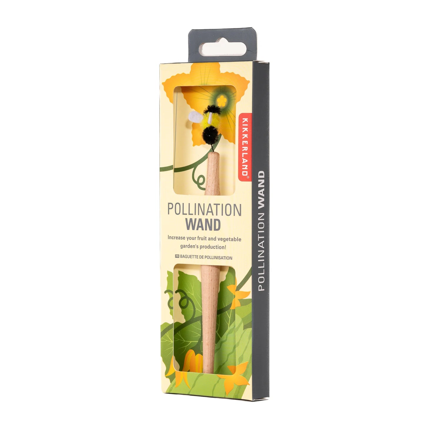 Packaging of a Pollination Wand with a visual of a bee on the flower, indicating the product's use for aiding pollination in gardens.