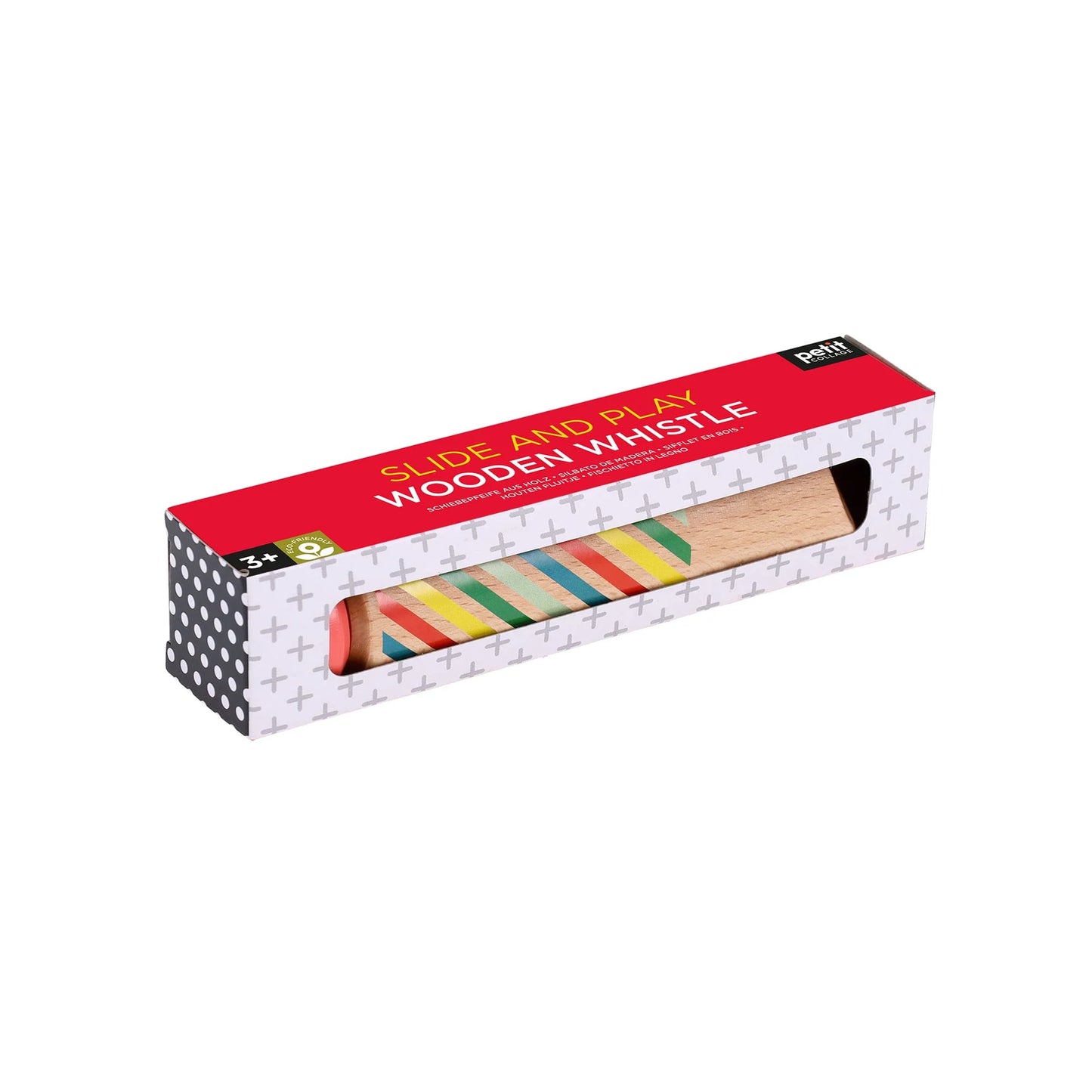 A wooden slide whistle with a colorful geometric pattern on the side. Whistle is packed in a cardboard retail box printed with the words Slide and Play Wooden Whistle.