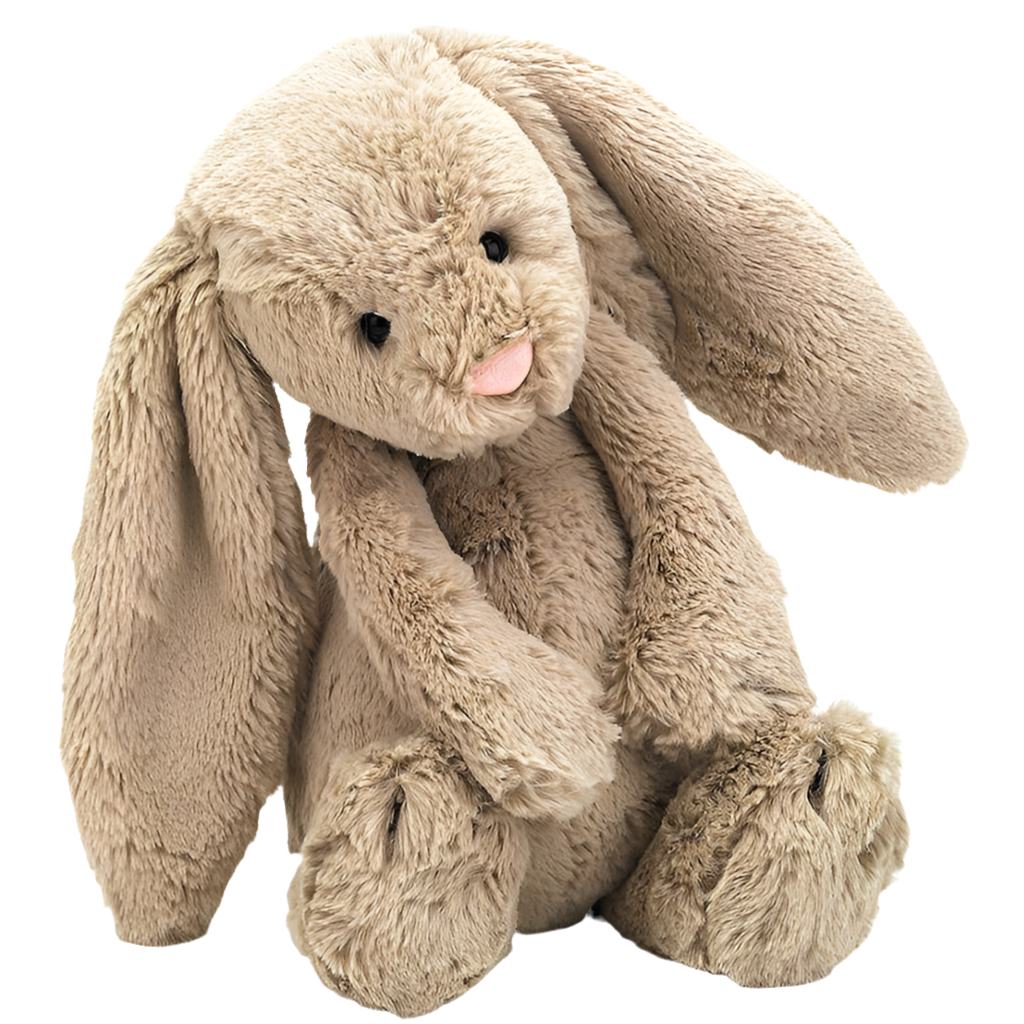 A beige plush toy rabbit with long ears and a soft fur texture, sitting upright.