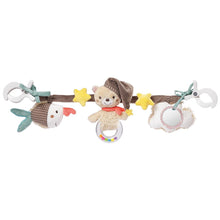 A pram activity chain with cute pendant figures including a fish, a bear with a rattle ring, and a cloud with a mirror train. The figures are attached to a brown chain link.