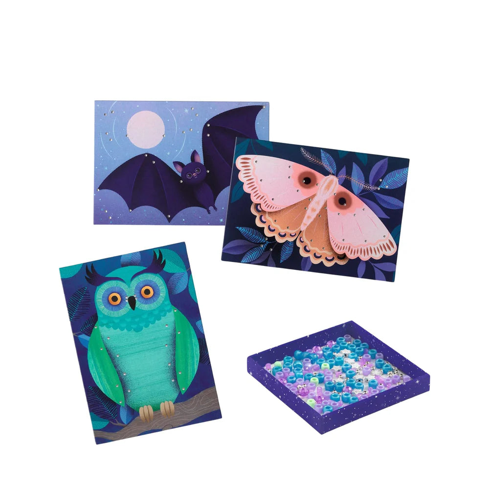 Set of four colorful greeting cards featuring animals on a white background