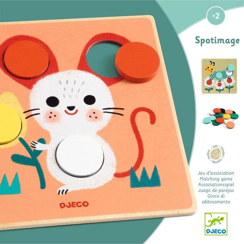Children's puzzle with a mouse design and colorful shapes on a green background, featuring the Djeco brand.