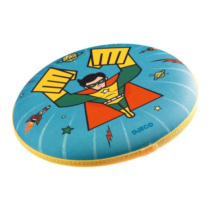 Children's toy disc with superhero design on a blue background