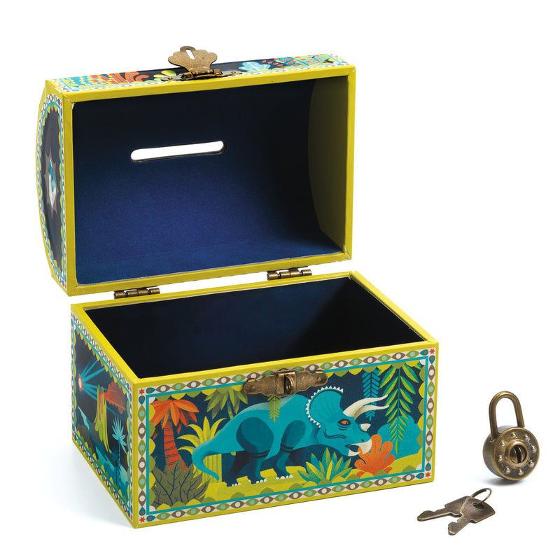 Colorful wooden chest with dinosaur design, lock, and keys on a white background
