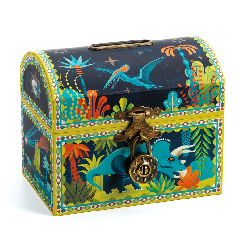 Colorful jewelry / money box with dinosaur design on a white background