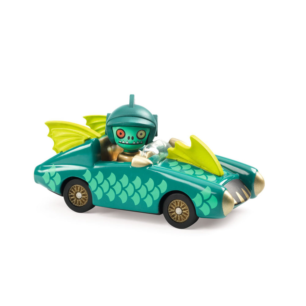 A toy car with a pirate figure inside, named Pirate Wheels. Designed by Djeco for Crazy Motors collection.