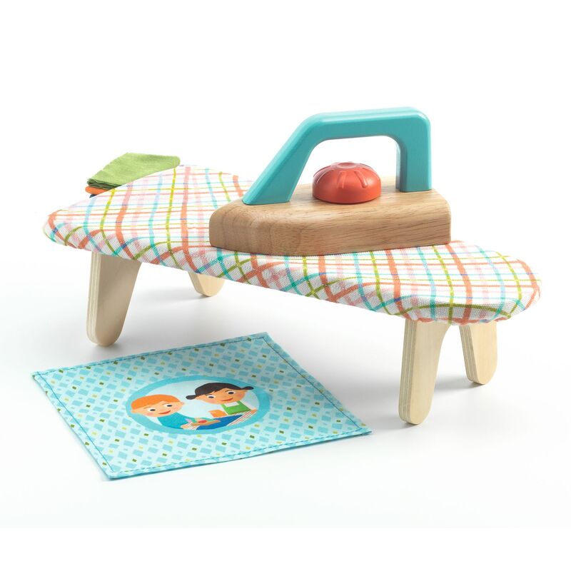 Children's toy bench with plaid cushion and rug on a white background