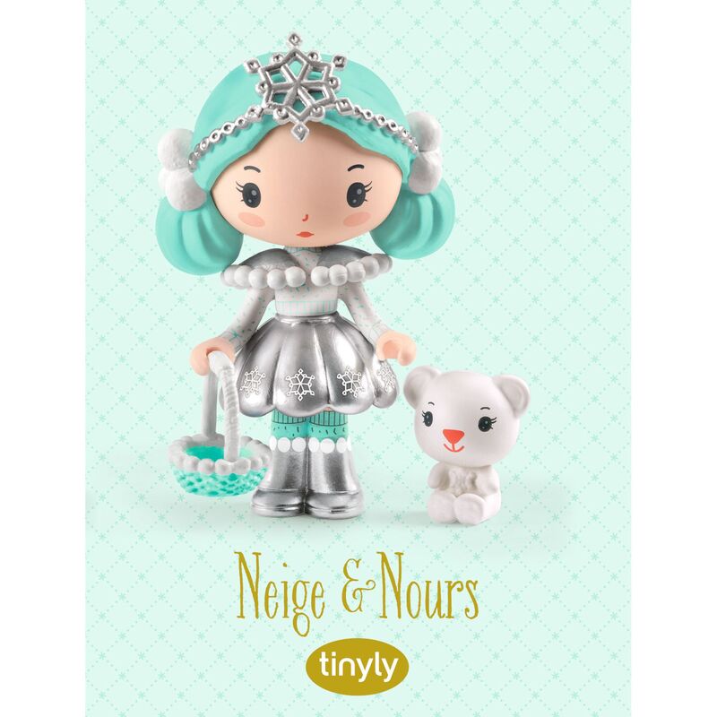 Toy figure with turquoise hair and silver outfit on a light green background, featuring the brand 'tinyly'.