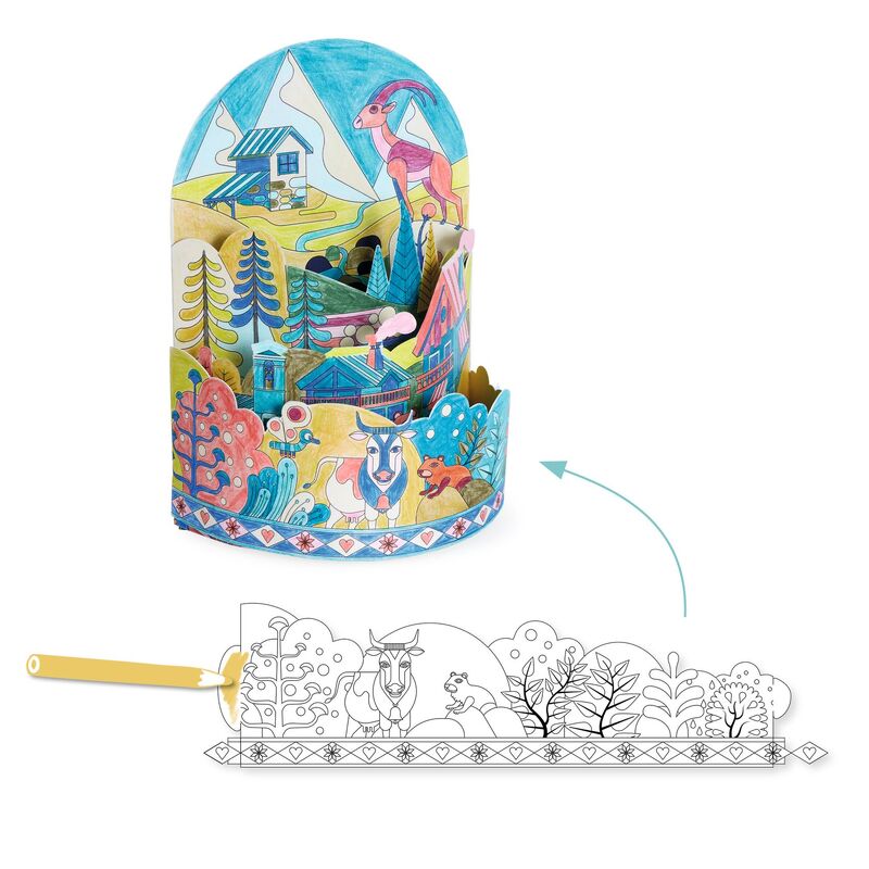 Colorful children's toy with a cylindrical design featuring animals and landscapes, accompanied by a coloring guide.