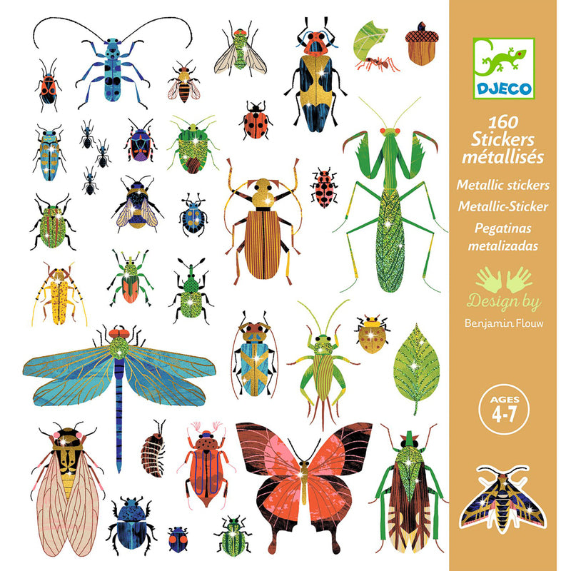 A collection of colorful metallic stickers depicting various insects, such as butterflies and beetles, from the Microcosms 160 Sticker Set.