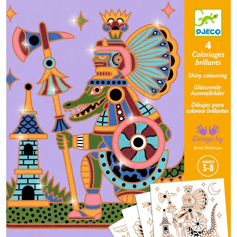 A pack of four shiny coloring sheets for children aged 5 and up, featuring illustrations of animal warriors in a fantasy setting, with gold accents and tools for coloring.