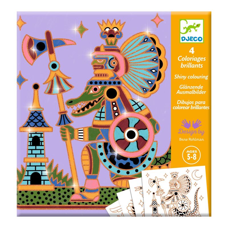 A product image showing a coloring book titled 'Animal Warriors | Shiny Colouring' with illustrations of stylized animals, predominantly a hippopotamus, in vibrant colors with gold accents. It includes 4 illustrated cards for coloring and is indicated for ages 5+ years.