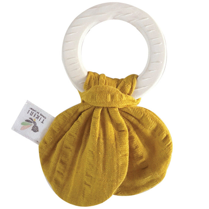 Tumeric yellow muslin baby teether with natural rubber rind- Tikiri Toys at Send A Toy