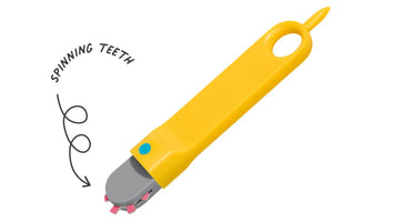 Makedo yellow cardboard cutting tool on a white background with the words ‘ spinning teeth’