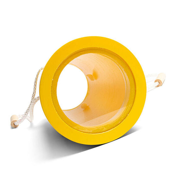 Yellow Aquascope toy with a white string on a white background