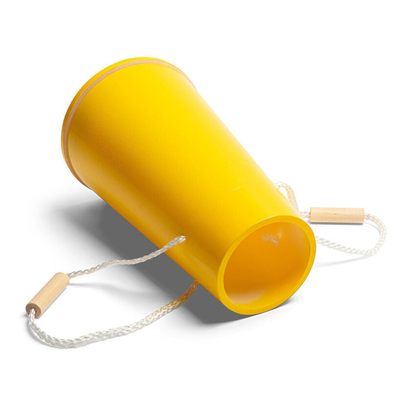 Yellow aquascope toy with wooden handles a string on a white background